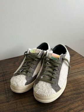 P448 John Shearling Low-Top Sneakers in Olive & Cream, Size 39.